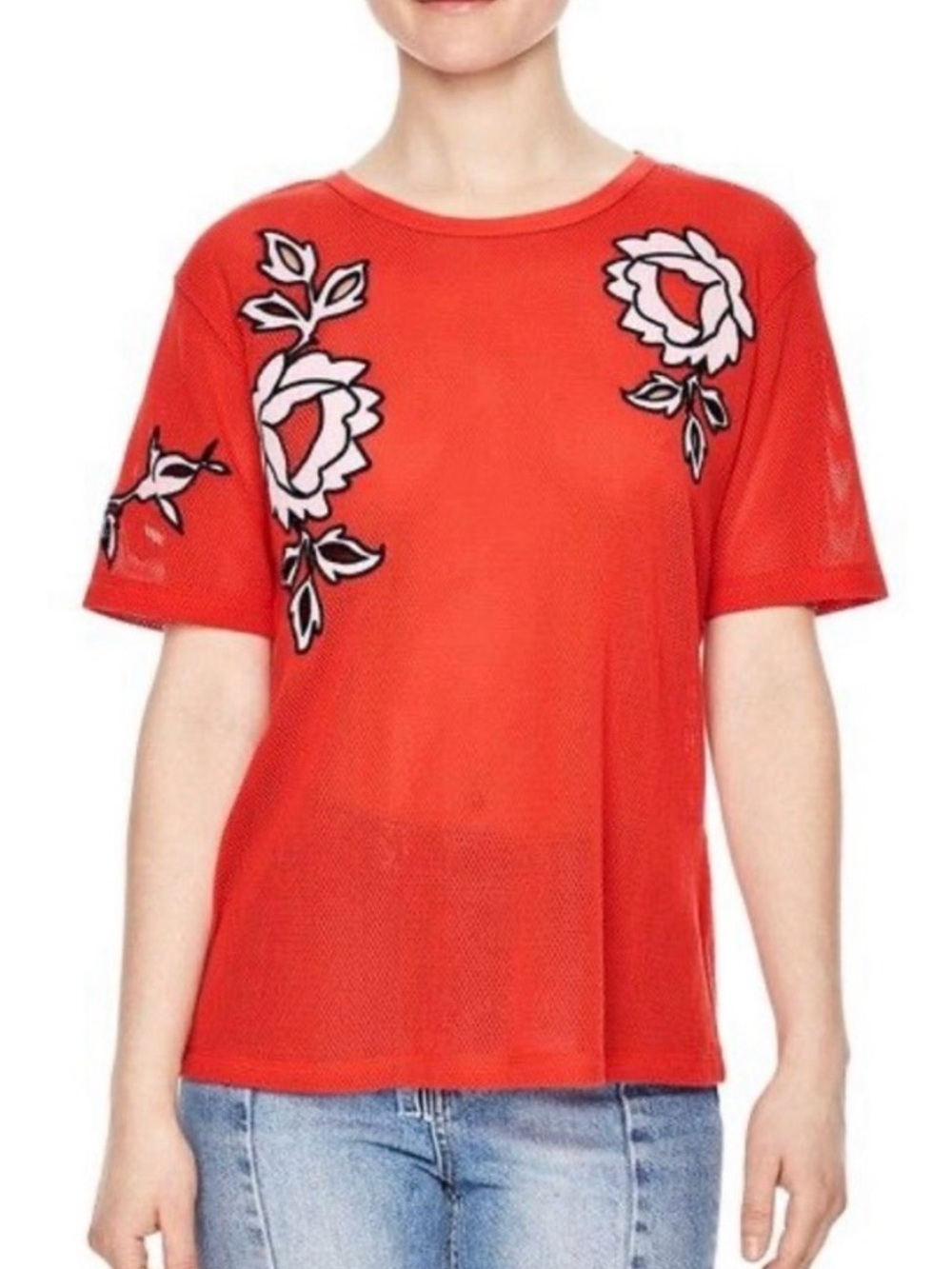 Sandro Paris Pop Corail Embroidered Mesh Cutout Top